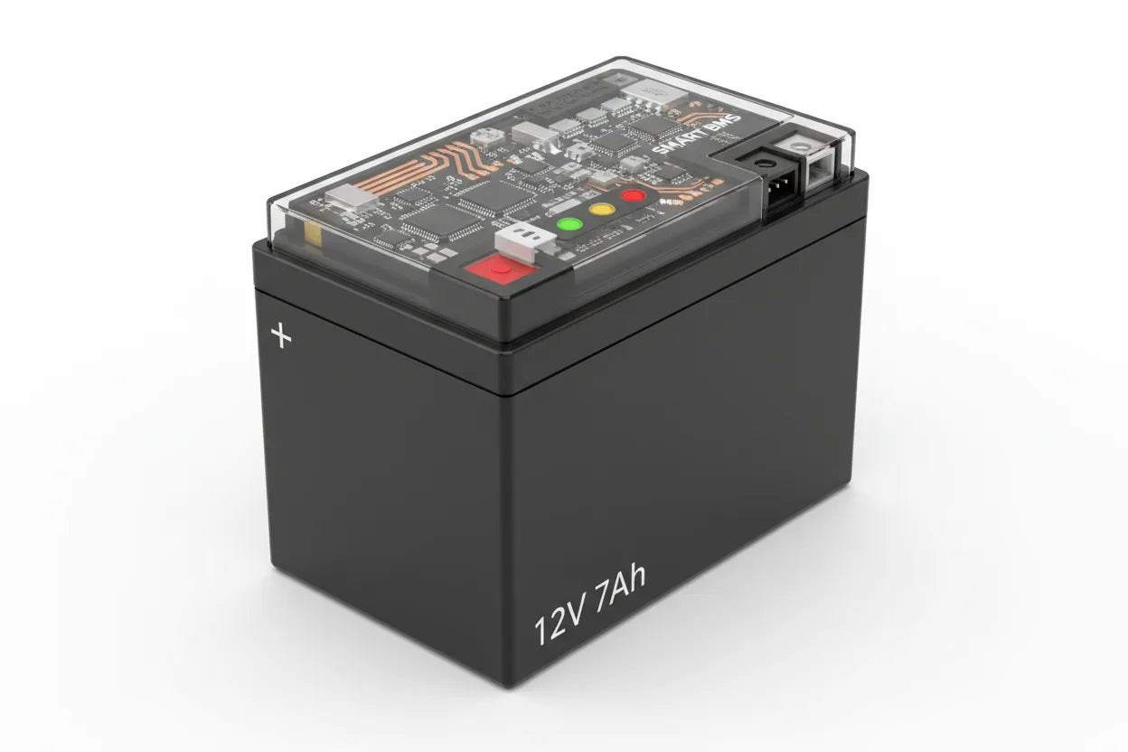 12V 7Ah battery with embedded electronics and neon green accent lights