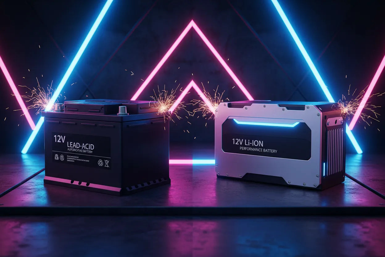 ide-by-side 12V lead acid and lithium ion batteries with neon green outlines