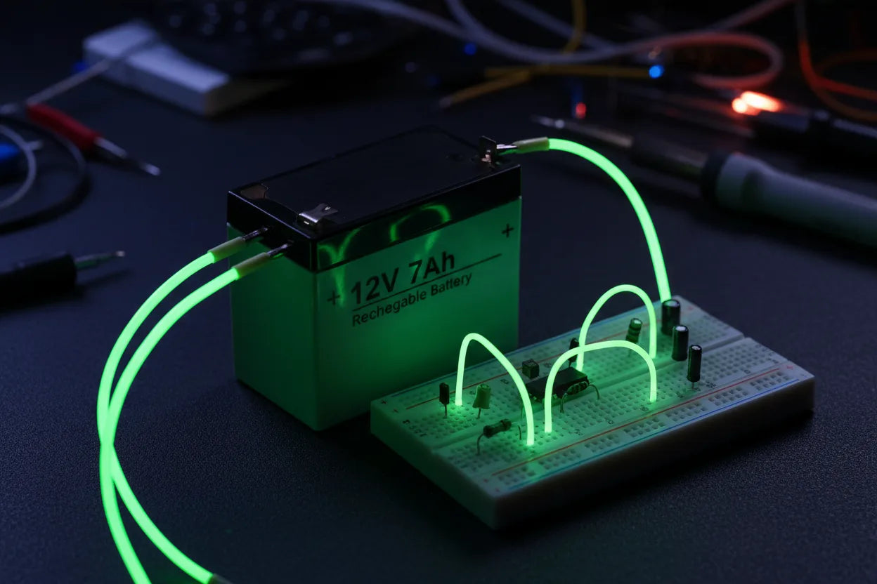12V rechargeable battery connected to breadboard with neon green wire highlights