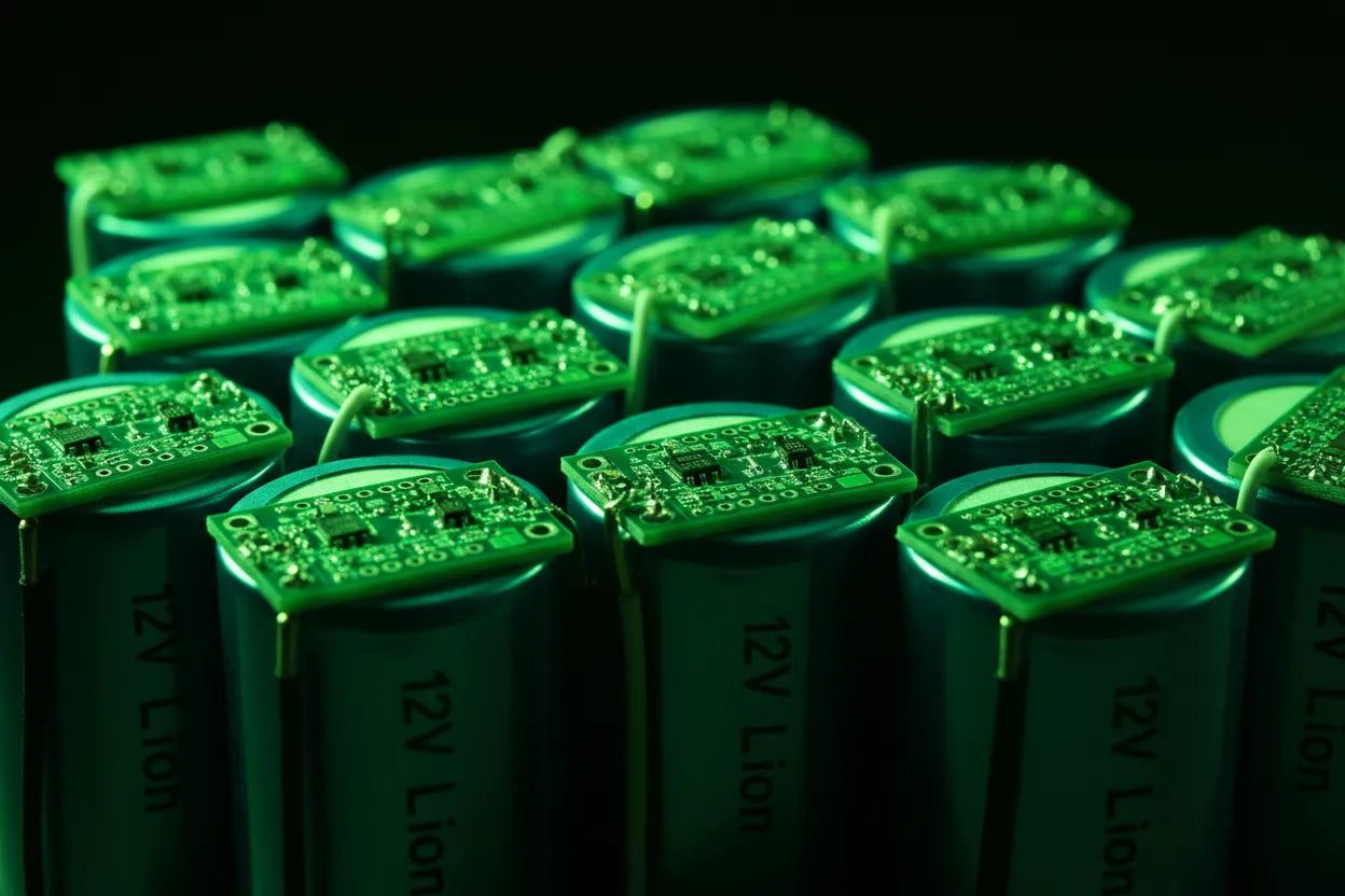 Close-up 12v lithium ion batteries with PCBs and neon green lighting