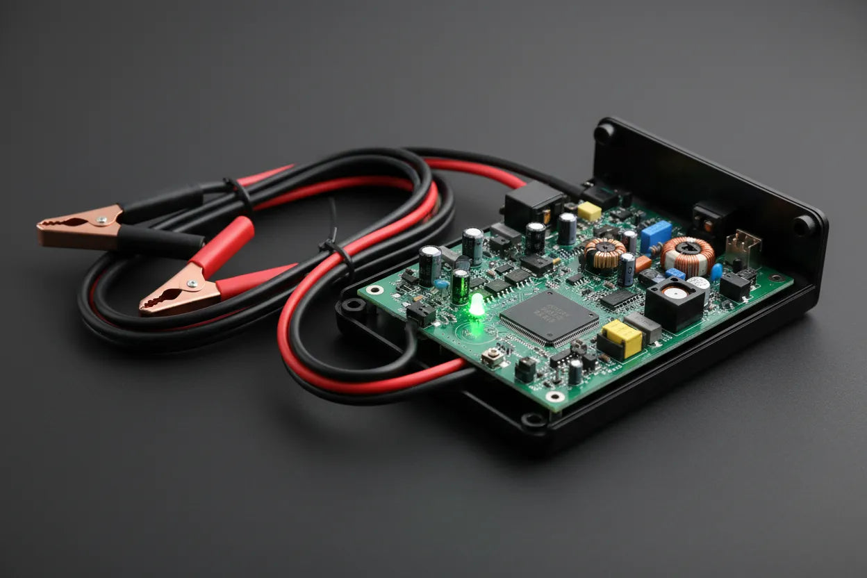 Smart 12v battery charger with cables and PCB on matte surface with green light
