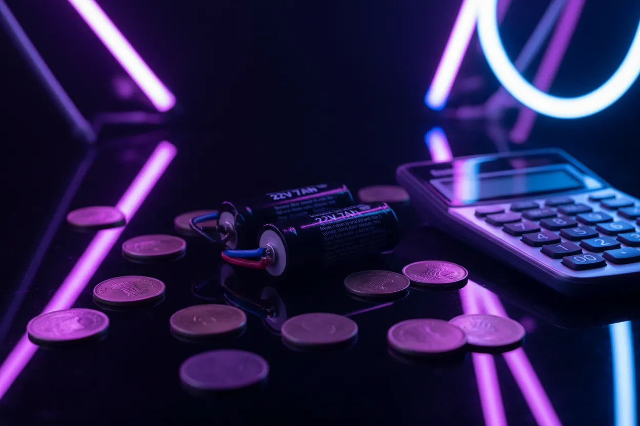 2v 7ah batteries with Indian coins and calculator on dark surface with neon light