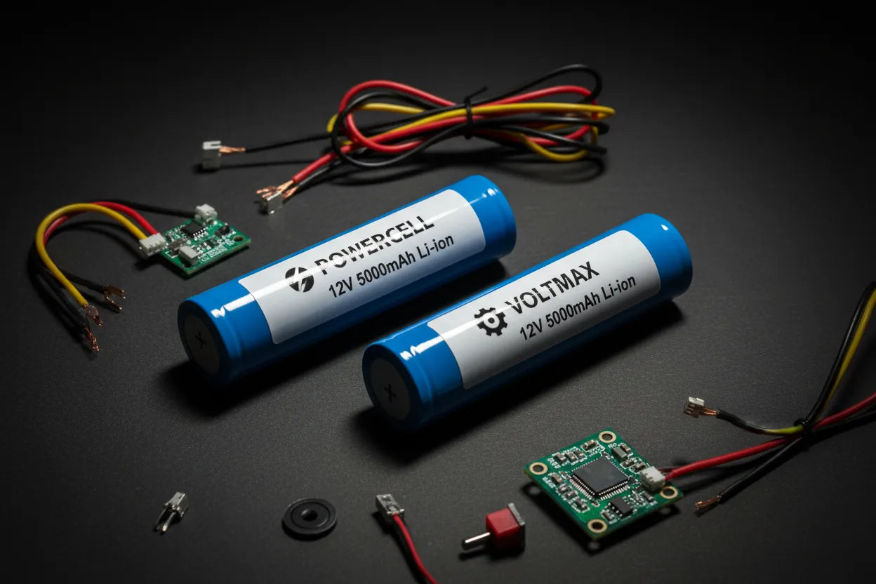 Side-by-side 12v rechargeable batteries with labels and electronics on dark matte surface