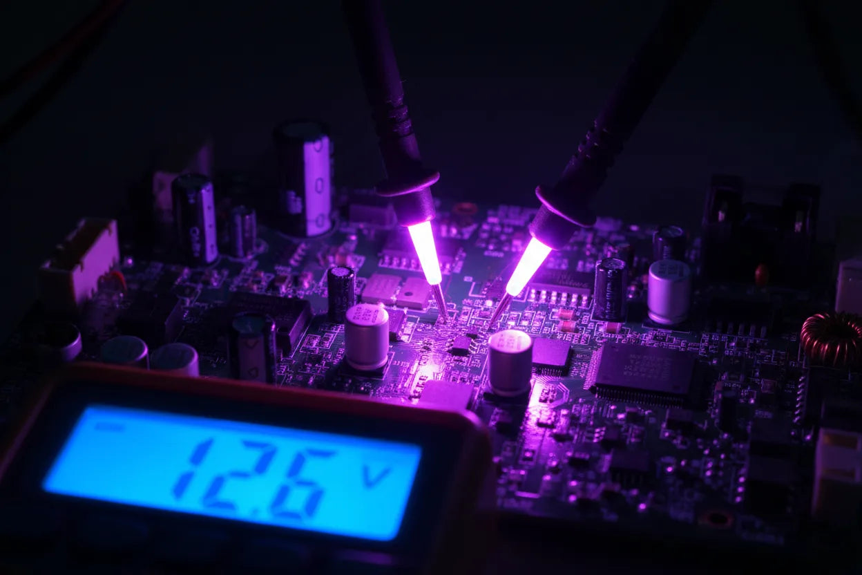Multimeter measuring voltage on 12V lithium ion battery charging PCB under neon light