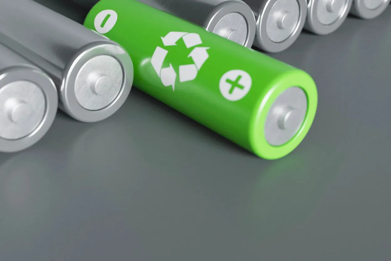 Various 12V rechargeable batteries on dark surface with neon green accent lighting