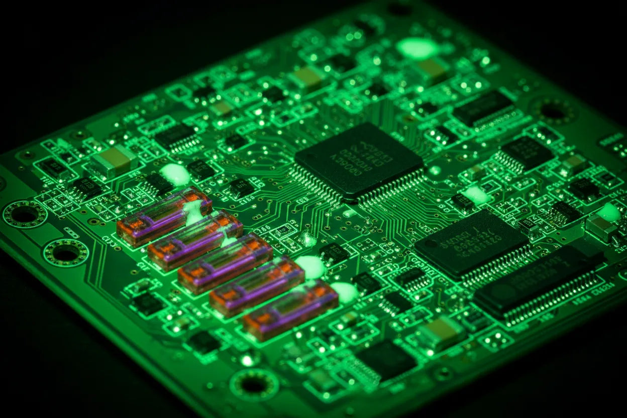 Protected battery charger PCB with thermistors and fuses under neon green light