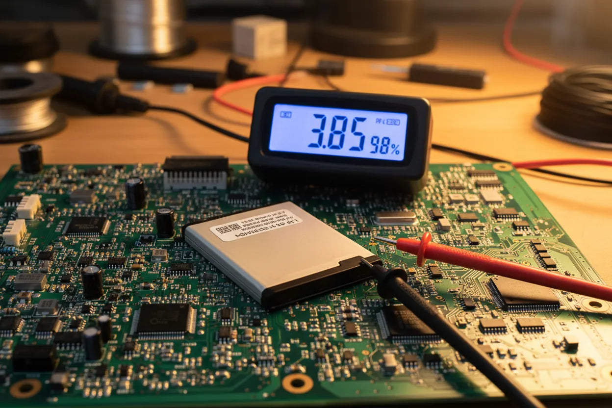 Close-up PCB with battery and multimeter measuring mobile battery performance