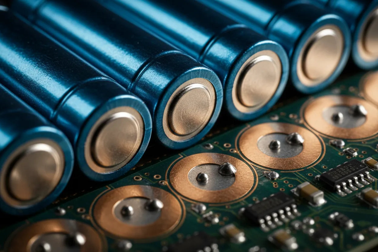 Macro shot of lithium-ion battery cells and PCB pads, tech overview
