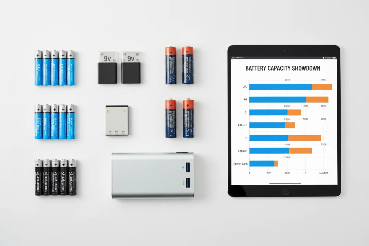 Overhead view of multiple battery capacities with comparison chart on tablet