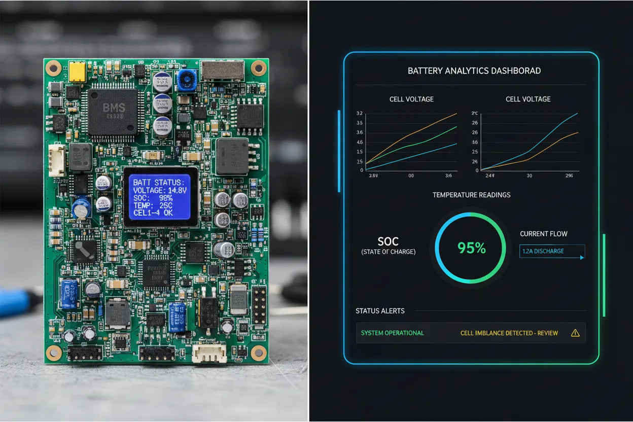 PCB with BMS chips and display, accompanied by software dashboard view