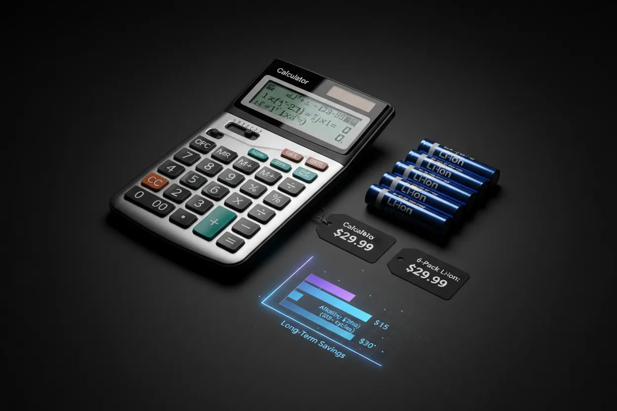 Calculator and lithium ion batteries with cost comparison on dark matte background