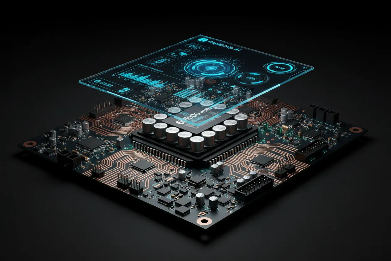 Embedded PCB design with 6000 mAh battery and RapidChip AI software interface