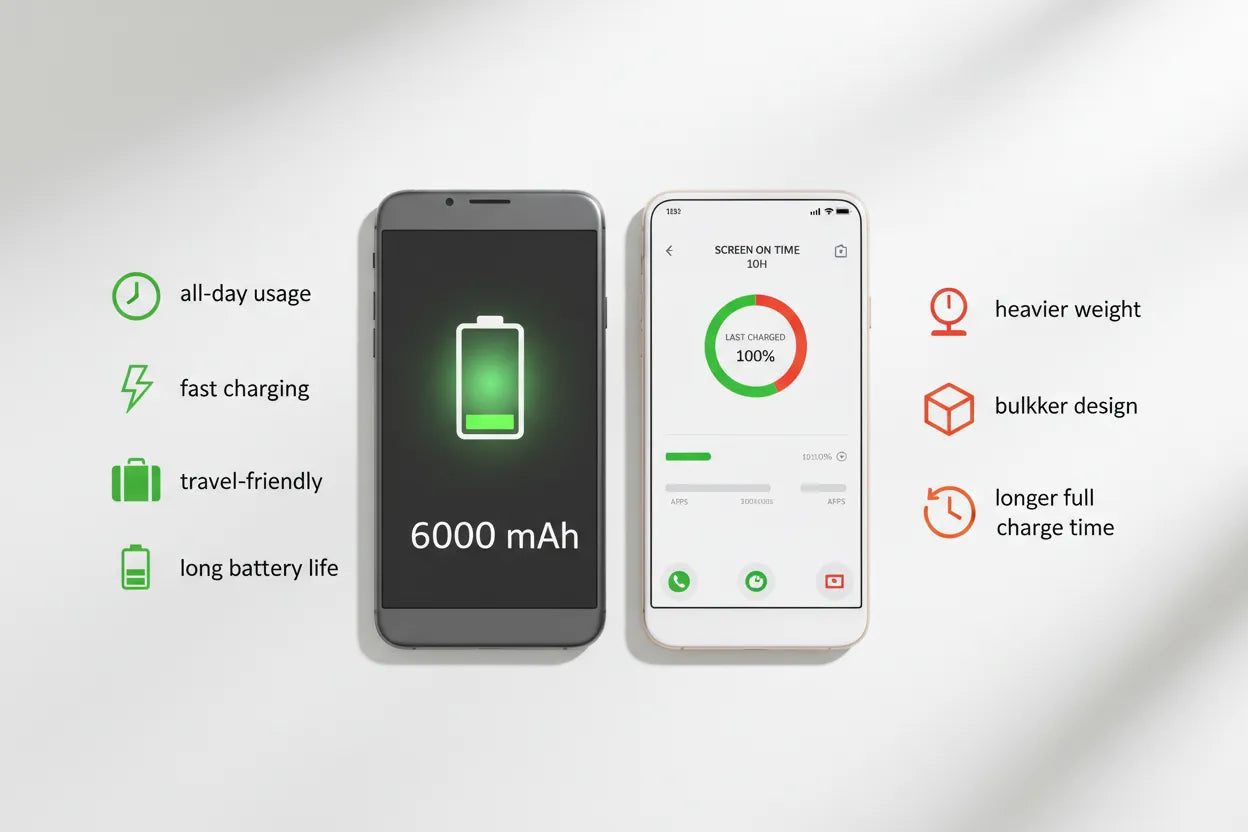 Two smartphones flat-lay showing pros and cons of 6000 mAh battery capacity