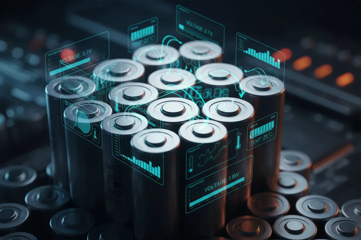 Close detailed view of lithium-ion batteries with digital performance overlays
