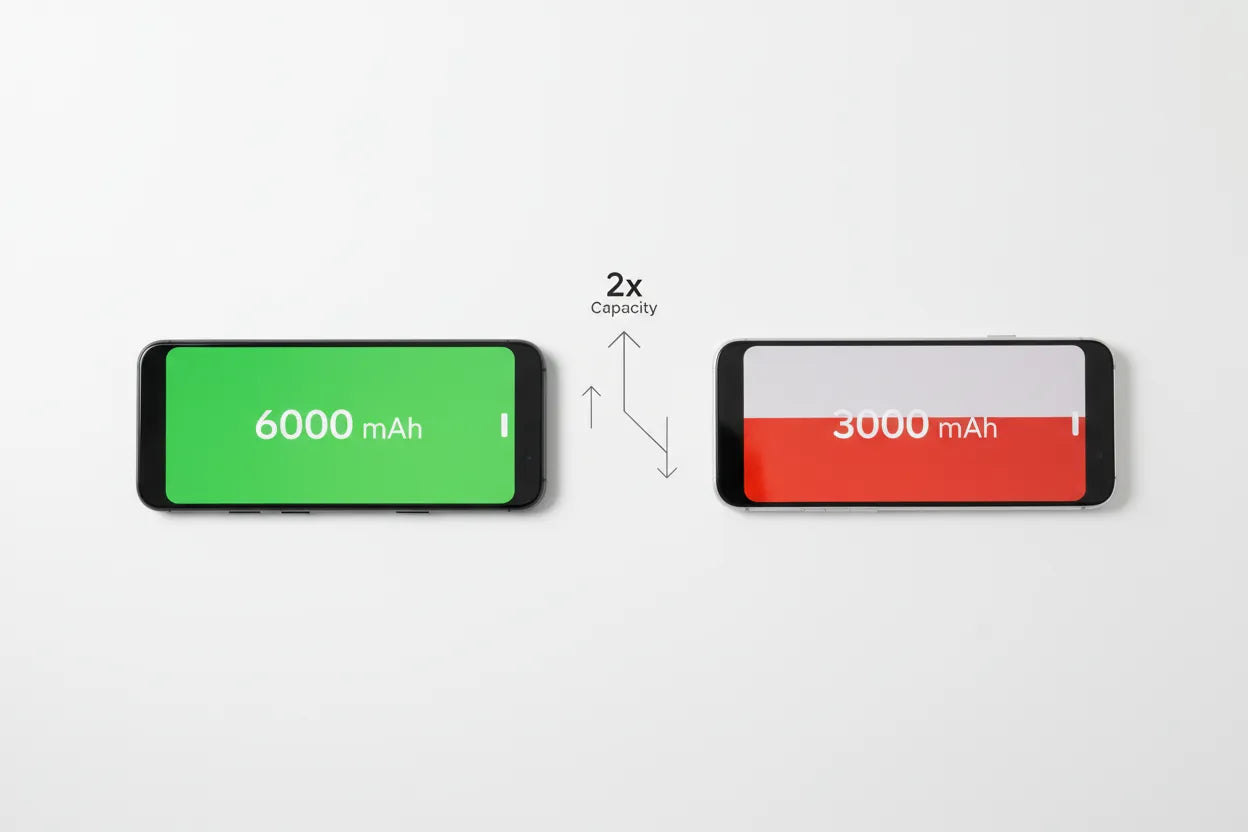 Top view of two mobiles comparing 6000 mAh and lower capacity batteries