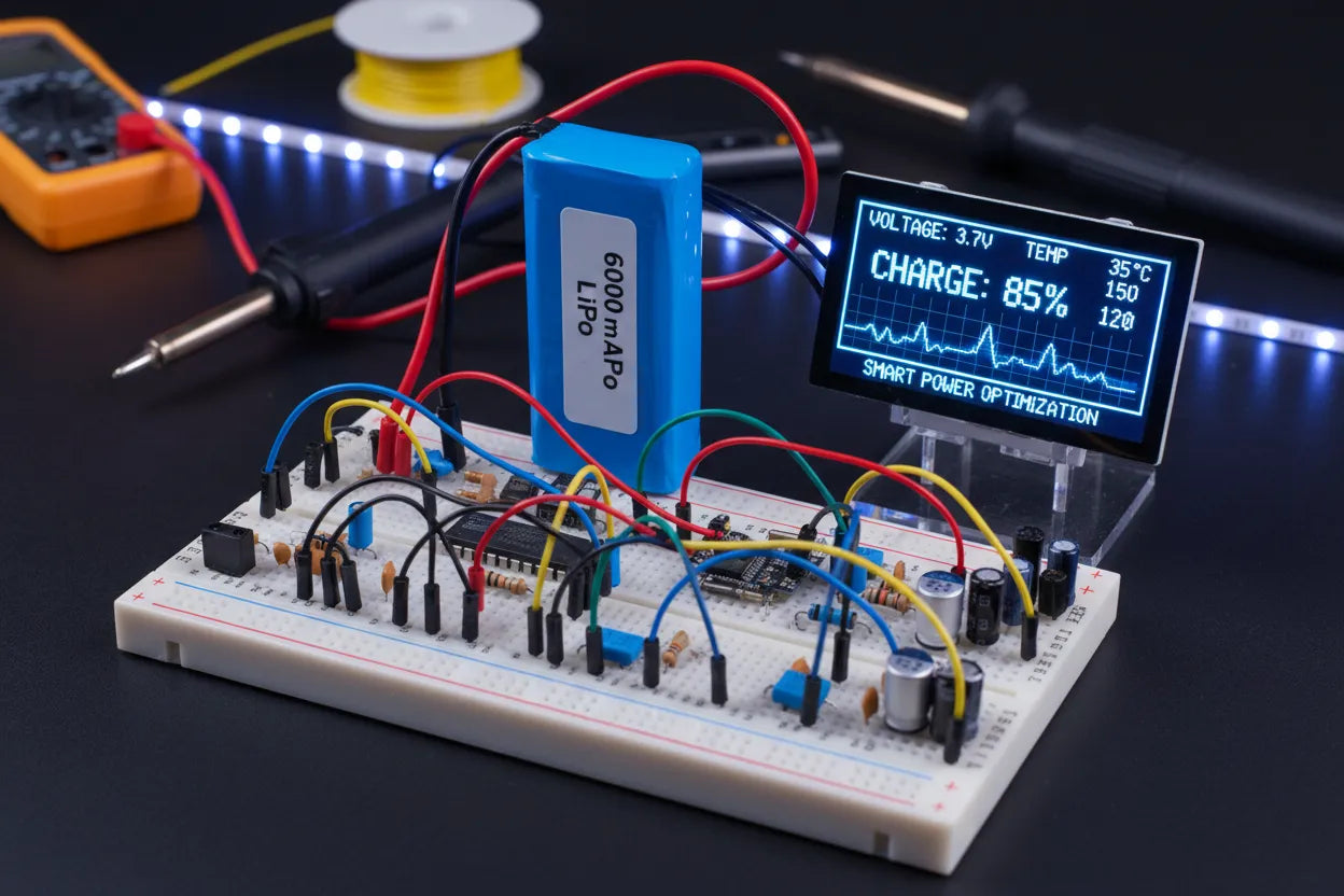Breadboard setup with 6000 mAh battery and AI battery management interface